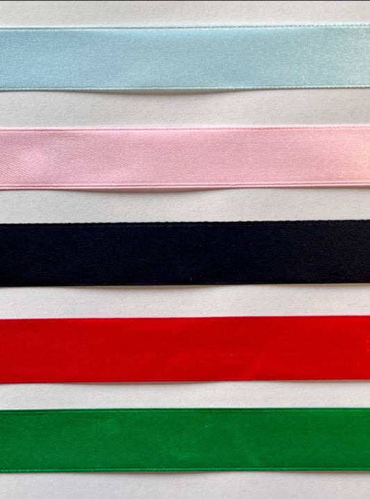 Baby Pink, Baby Blue, Black, Red or Green Satin Ribbon 7.5 or 15 Metres Long 2cm Wide.